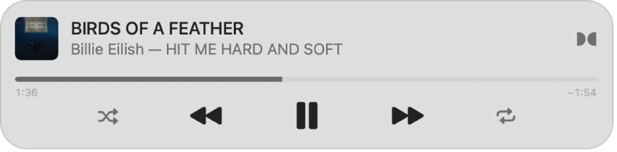 Le mini-lecteur Musique réduit, affichant uniquement les commandes (et pas les illustrations d’album).