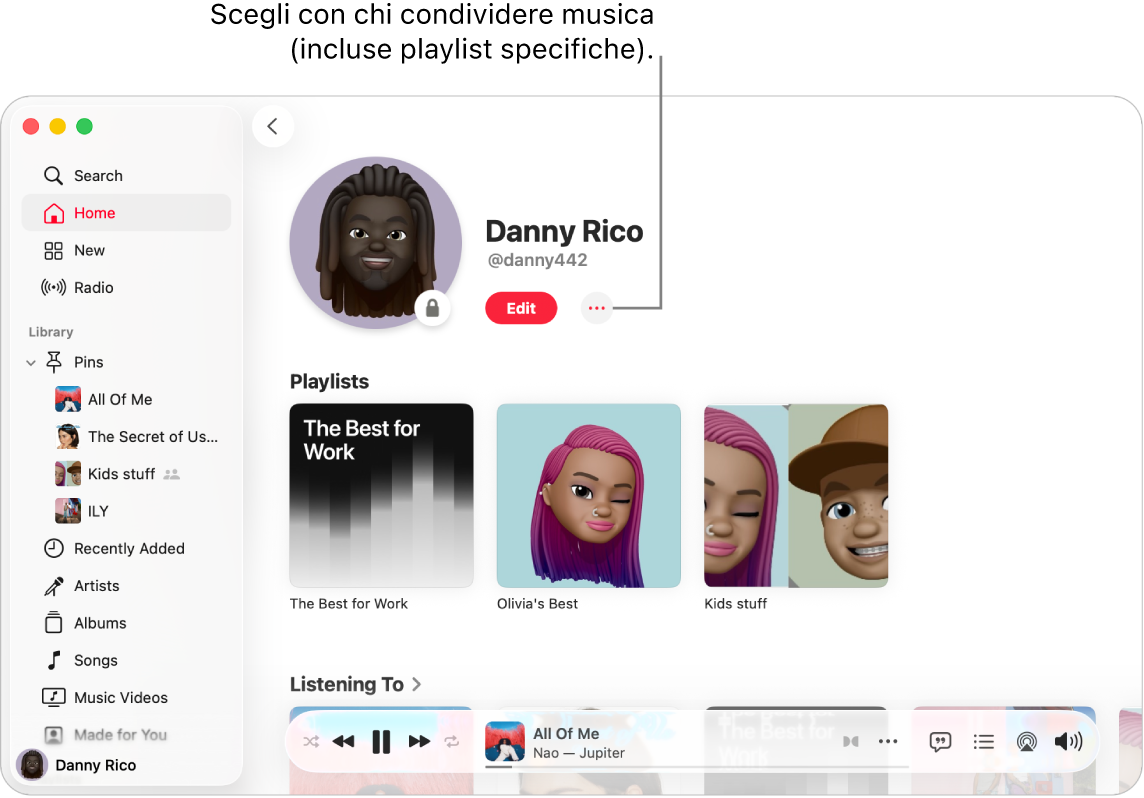 La pagina del profilo su Apple Music: in alto nella finestra, fai clic sul pulsante Altro (a destra del pulsante Modifica) per condividere la musica.