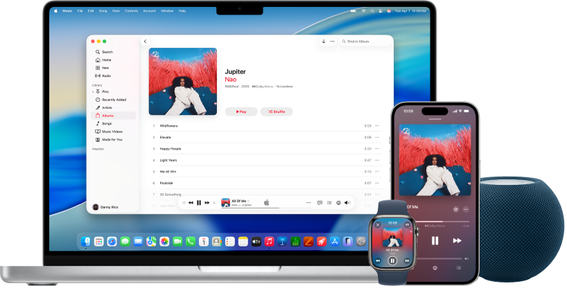 Det spilles en sang på en Mac, iPhone og Apple Watch med HomePod.