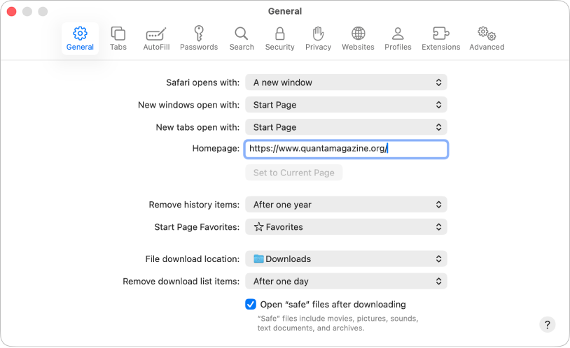 General settings for Safari web pages, with the current web page selected as the Homepage.