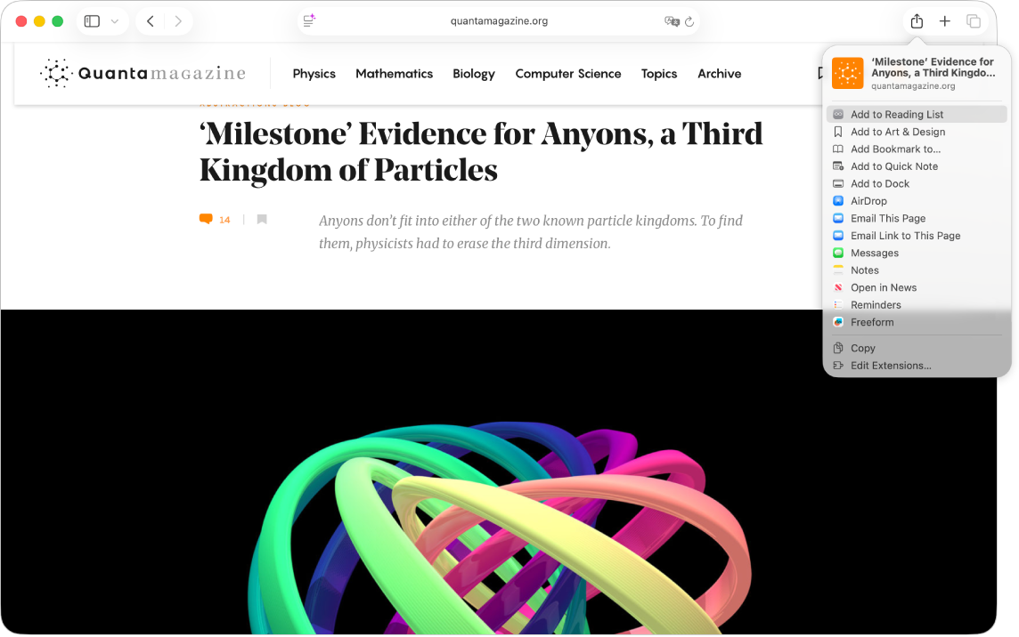 Page Web qui affiche un article sur la physique, avec le bouton Partage cliqué et l’option Ajouter à la liste de lecture sélectionnée.