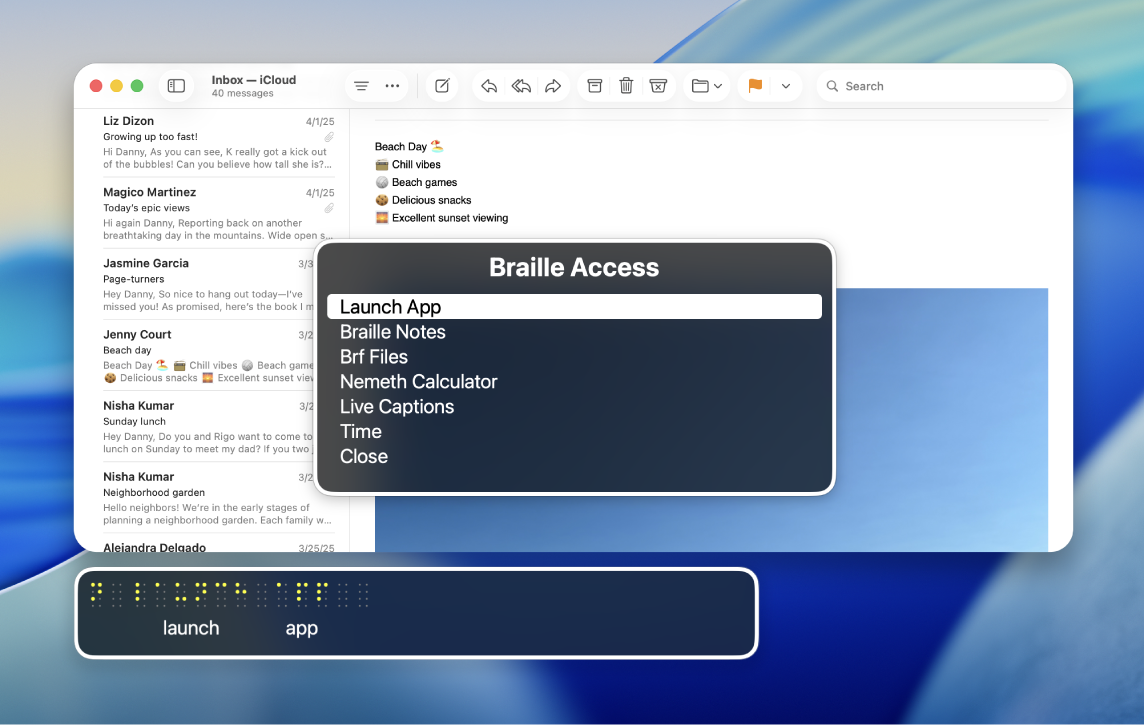 App Mail aberto na mesa. O menu do Acesso por Braille e o painel de braille são exibidos quando o cursor passa sobre a opção Abrir App.