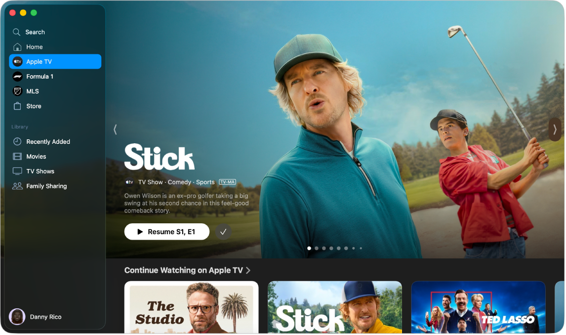 显示 Apple TV 已打开的 Apple 视频 App。