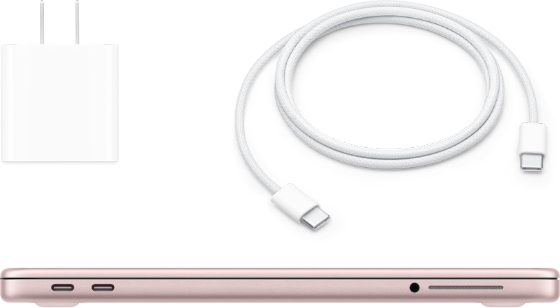 Suljettu MacBook Neo, virtalähde ja latauskaapeli.