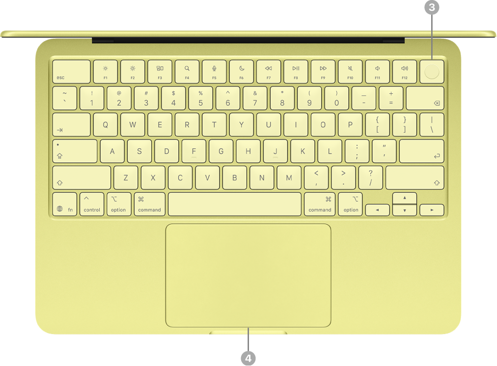 MacBook Neo компьютерінің жоғарғы жағында қуат түймесі (Lock пернесі немесе Touch ID) және трекпад көрсетілген.