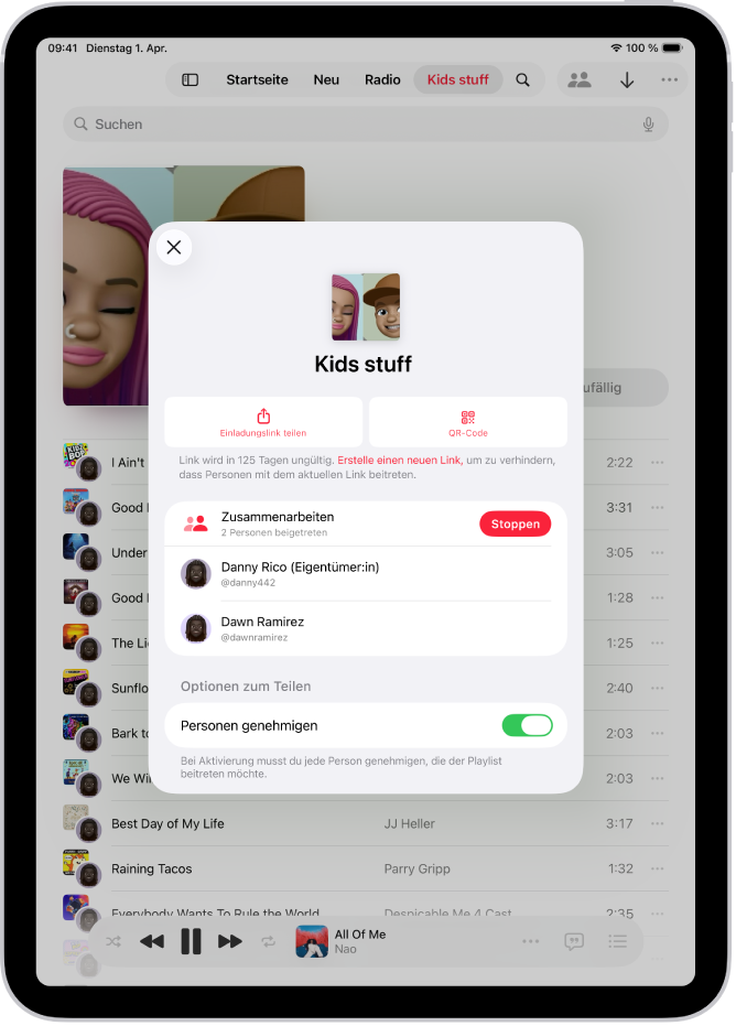 Der Bildschirm „Zusammenarbeit verwalten“ in der App „Musik“.