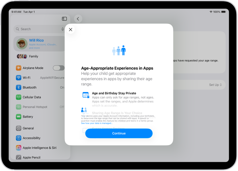 The iPad Settings screen displaying the Age-Appropriate Experiences in Apps setup, which explains how to help children get appropriate app experiences by sharing their age range.
