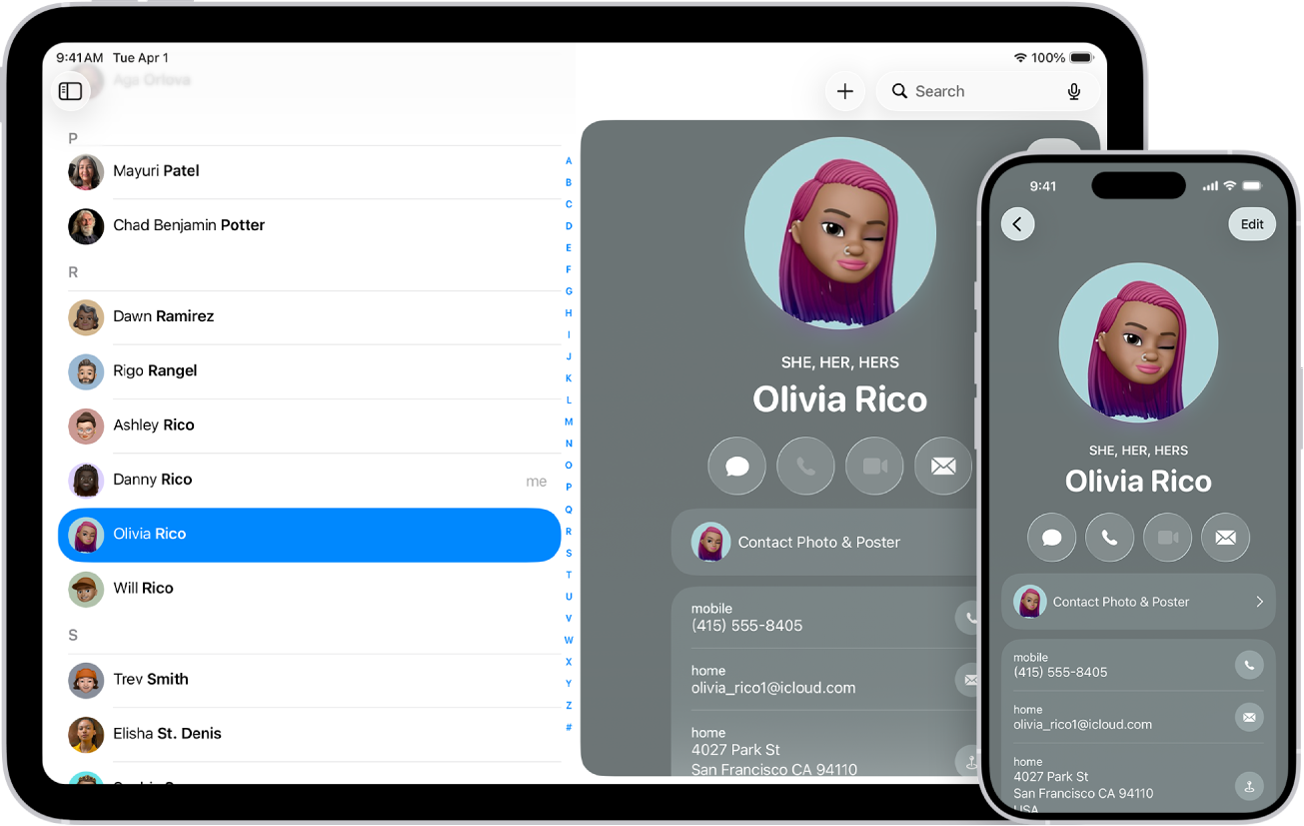 A contacts list on iPad and a contact card on iPhone