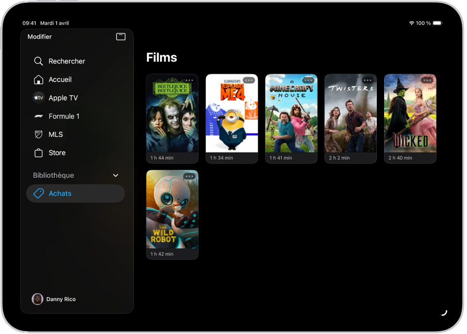 Un iPad affichant une liste de films dans la section Films de l’onglet Bibliothèque.