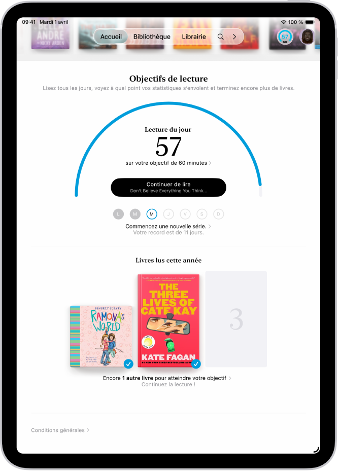 L’écran « Objectifs de lecture » affiche les statistiques de l’utilisateur, telles que la lecture du jour, son historique de lecture pour la semaine et les livres lus cette année.