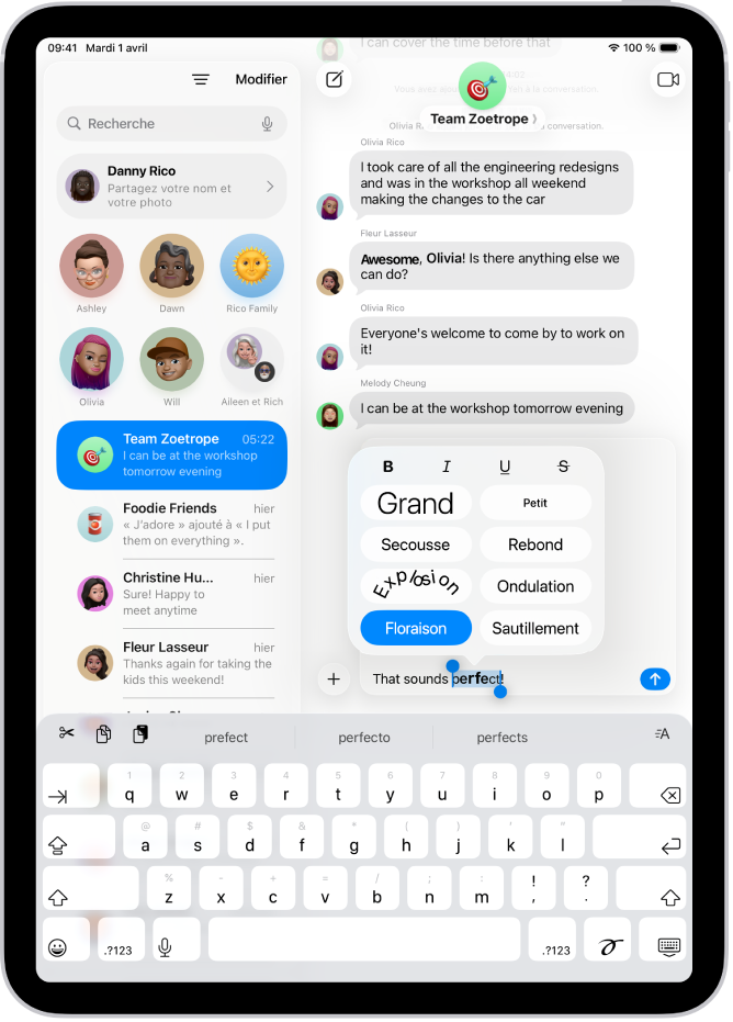 Une conversation Messages affichant un mot sélectionné dans le champ de texte avec, au-dessus, des options relatives à la mise en forme et aux effets. Un aperçu du texte sélectionné auquel un effet a été appliqué s’affiche.