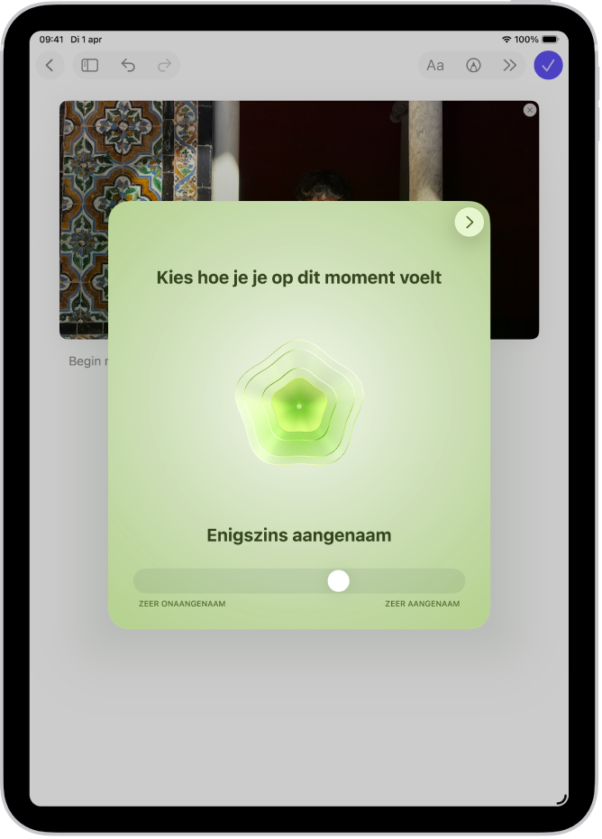 Een scherm in de Dagboek-app, met een tegel waar je je gemoedstoestand kunt vastleggen.