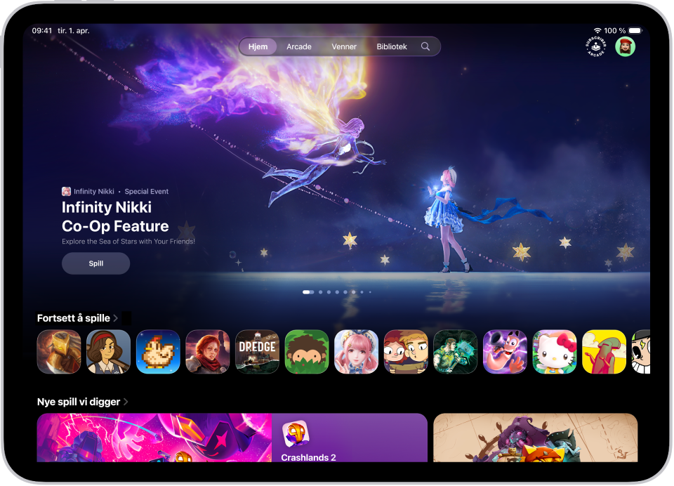 Hjem-fanen i Apple Games-appen viser et spesialarrangement, spill du kan fortsette å spille, og nye utgivelser.