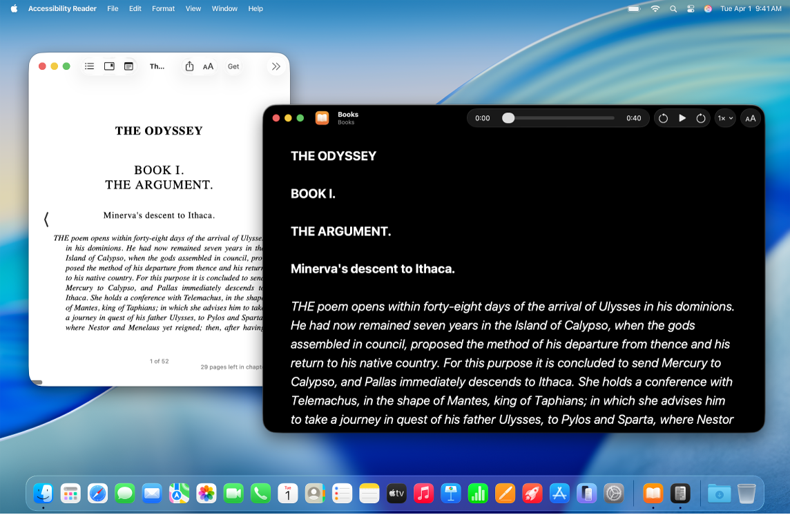 نافذة تطبيق الكتب ونافذة قارئ تسهيلات الاستخدام مفتوحتان على سطح المكتب. يظهر النص من تطبيق الكتب في قارئ تسهيلات الاستخدام بخط كبير على خلفية سوداء.