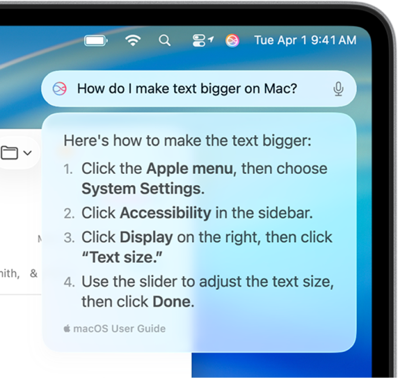 Pravý horní roh plochy Macu zobrazující ikonu Siri v řádku nabídek a pole Zadávání textu pro Siri s postupem pro zvětšení textu poskytnutým Siri