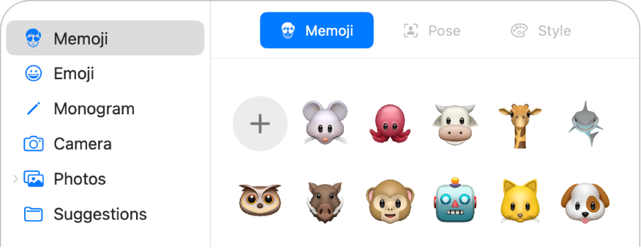 The Apple Account picture options with Memoji selected in the sidebar and various Memoji shown.