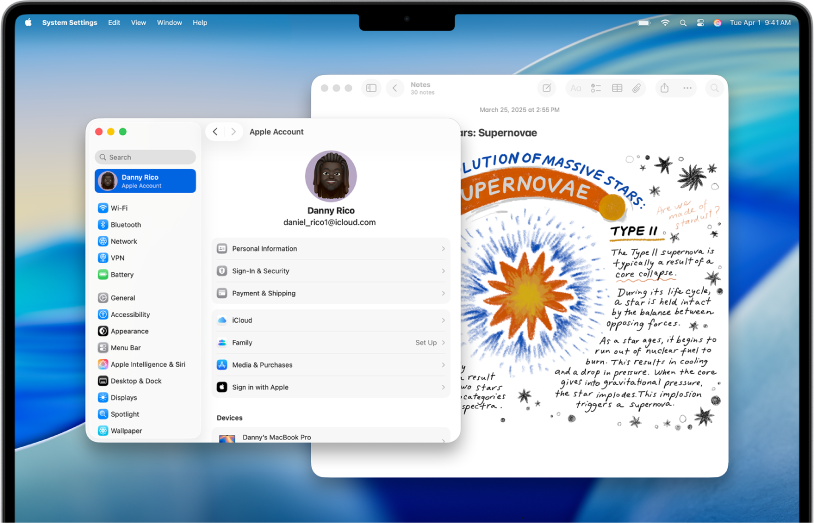 A Mac desktop with the Apple Account settings showing and a Numbers document open behind it.