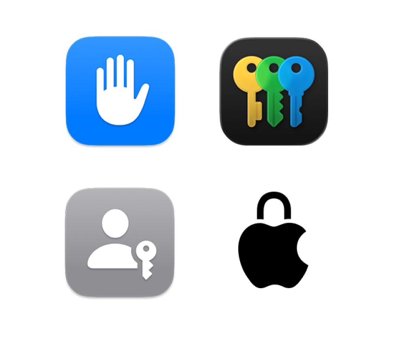 Four icons representing Privacy & Security, the Passwords app, Passkeys and Privacy at Apple.