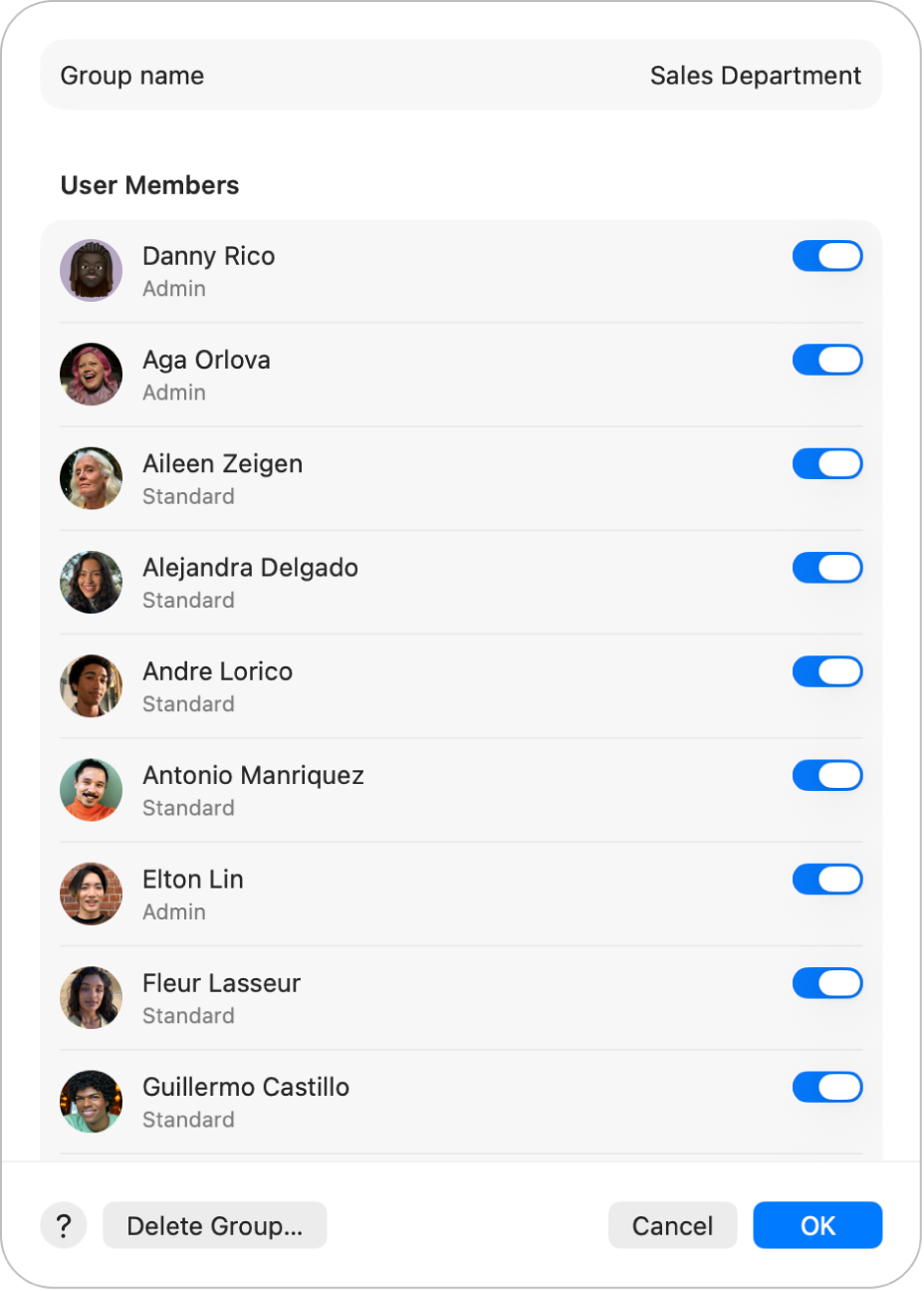 Options for a group in Users & Groups settings. To the right of each user is the option to include or exclude the user from the group. Along the bottom are the Help, Delete Group, Cancel and OK buttons.