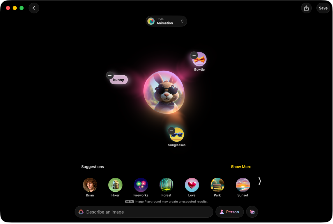 The Image Playground app window showing a created image of a bunny wearing sunglasses and a bow tie.