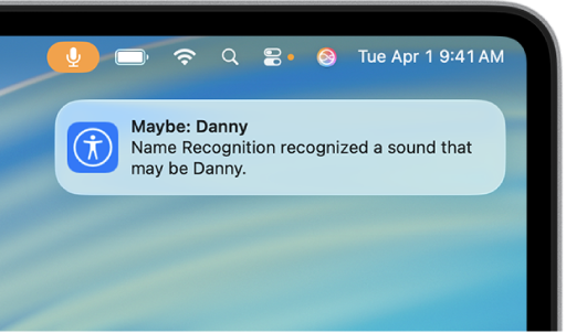 Une notification sur le bureau d’un Mac indique que ce dernier a reconnu un son qui pourrait être un nom.
