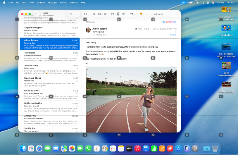 L’app Mail ouverte avec une grille superposée au bureau Mac. Chaque cellule au sein de la grille est identifiée par un numéro.