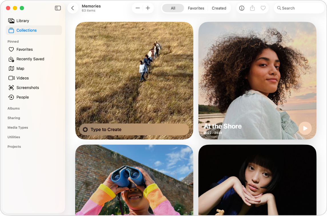 Une fenêtre Photos sur Mac affichant la collection Souvenirs avec des options pour créer le film d’un souvenir et regarder les souvenirs créés précédemment.