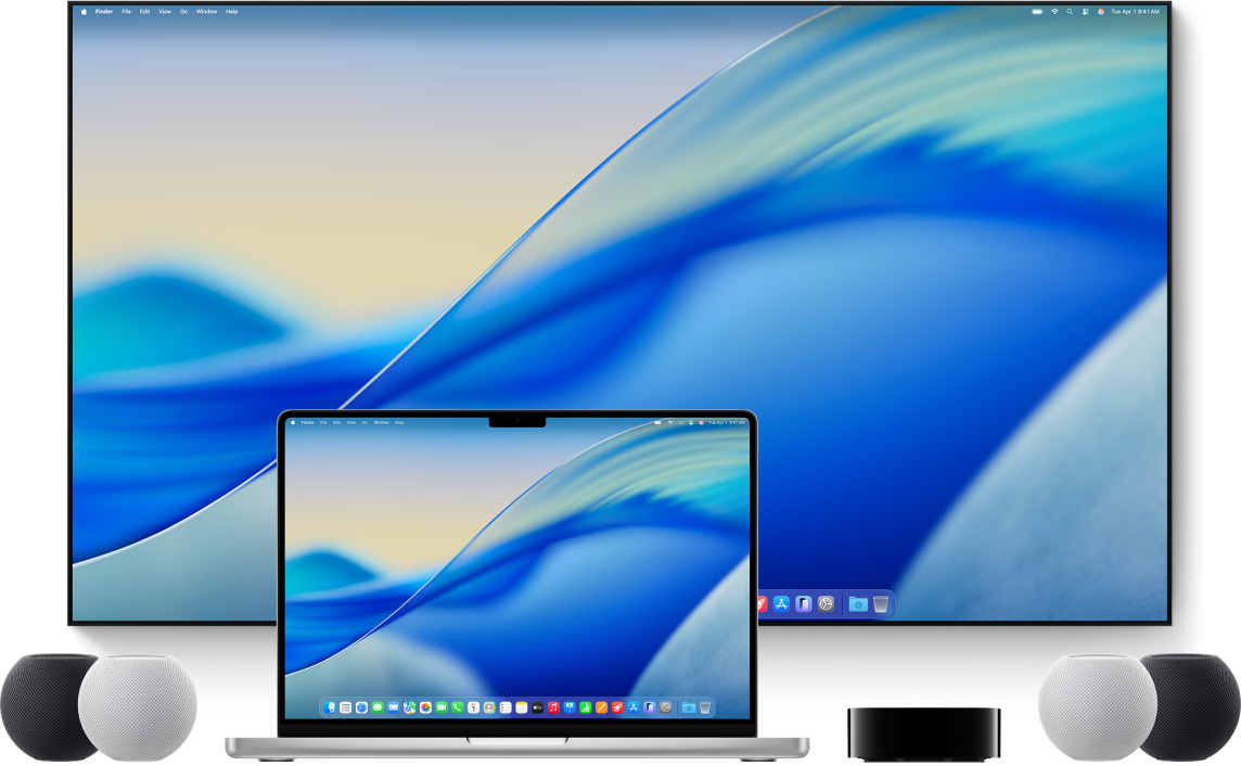 Računalnik Mac in naprave, v katere je mogoče s funkcijo AirPlay pretakati vsebine iz Maca – na primer Apple TV 4K, zvočnik HomePod mini in pametni televizor.