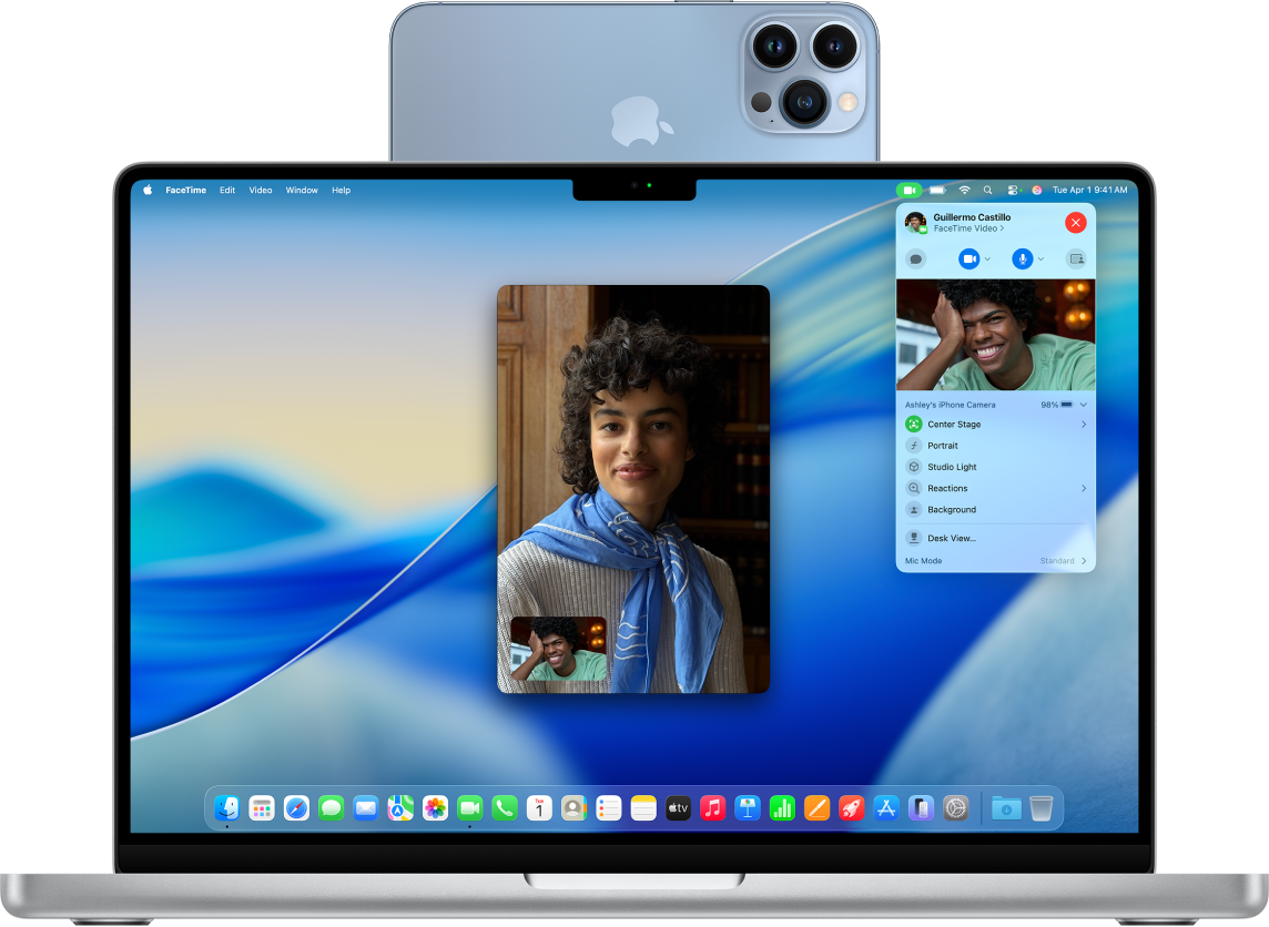 Một MacBook Pro đang sử dụng iPhone làm webcam và đang hiển thị một cuộc gọi FaceTime.