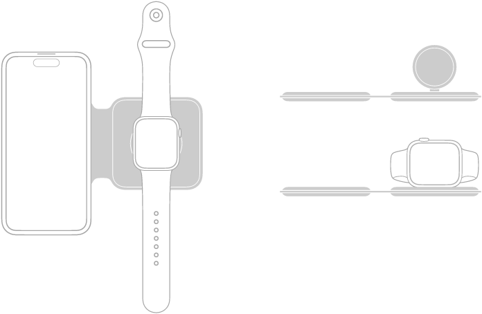 Na obrázku vlevo leží iPhone a Apple Watch na nabíjecích plochách nabíječky MagSafe Duo. Obrázek vpravo nahoře ukazuje zvednutí nabíjecí plochy pro Apple Watch. Na obrázku pod ním jsou na zvednutou nabíjecí plochu umístěny Apple Watch.