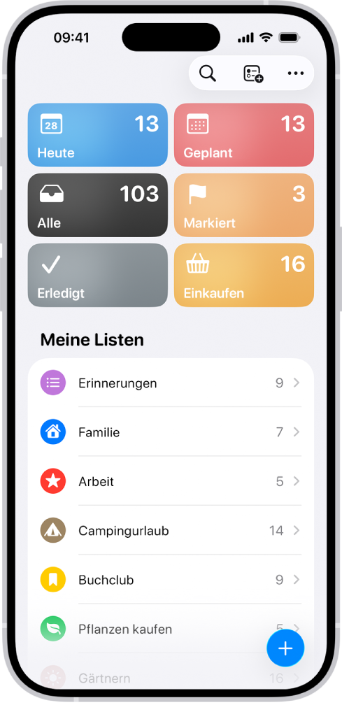 Die App „Erinnerungen“ mit mehreren Listen und der Tag-Übersicht unten.