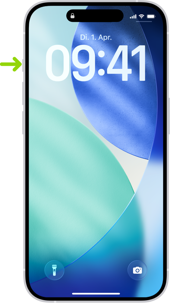 Ein Bildschirm, der anzeigt, dass sich die Aktionstaste am linken Rand des iPhone 15 Pro befindet. Du kannst die Funktion der Taste unter „Einstellungen“ > „Aktionstaste“ anpassen.