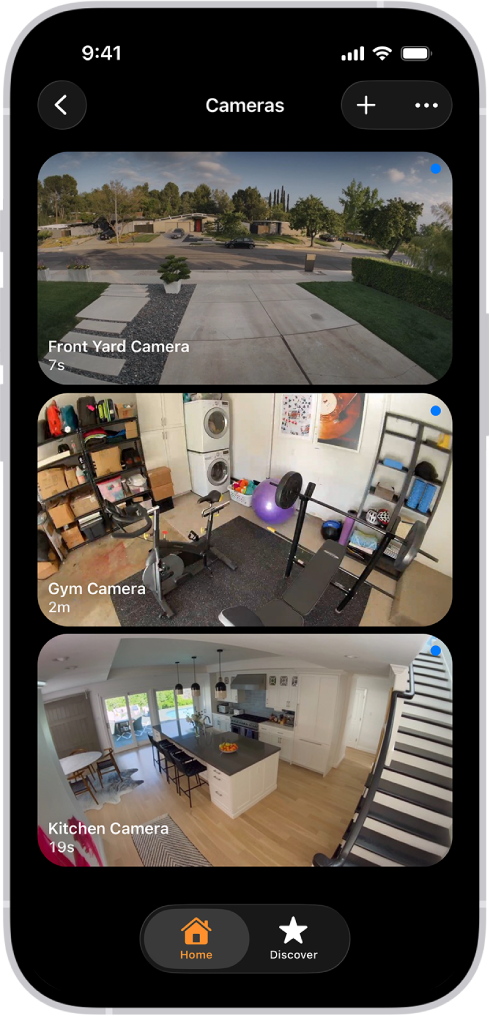 The Cameras screen, showing images from three security cameras—front yard, home gym, and kitchen. Below the name of each camera is the time passed since the image was updated. For example, the front yard camera shows that the image was last updated 7 seconds ago.