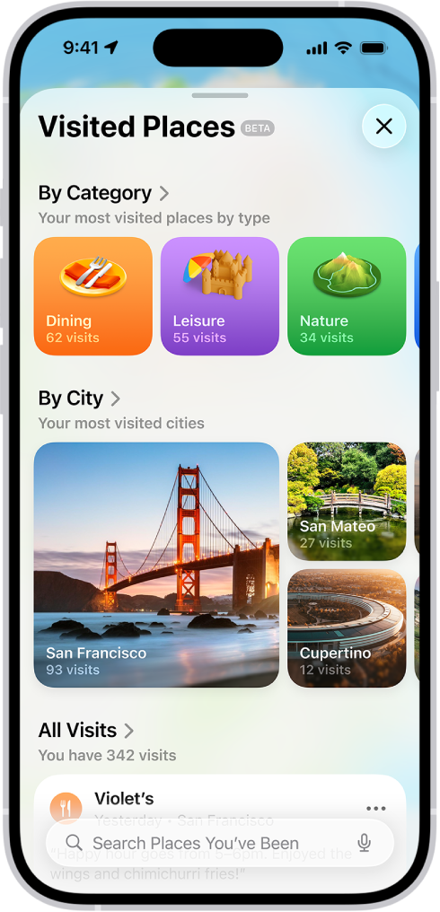 The Visited Places screen in the Maps app.