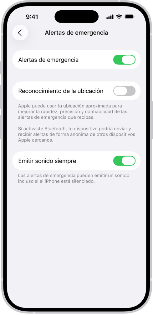 La pantalla Alertas de emergencia, con las opciones Alertas de emergencia, Reconocimiento de la ubicación y Emitir sonido siempre activadas.