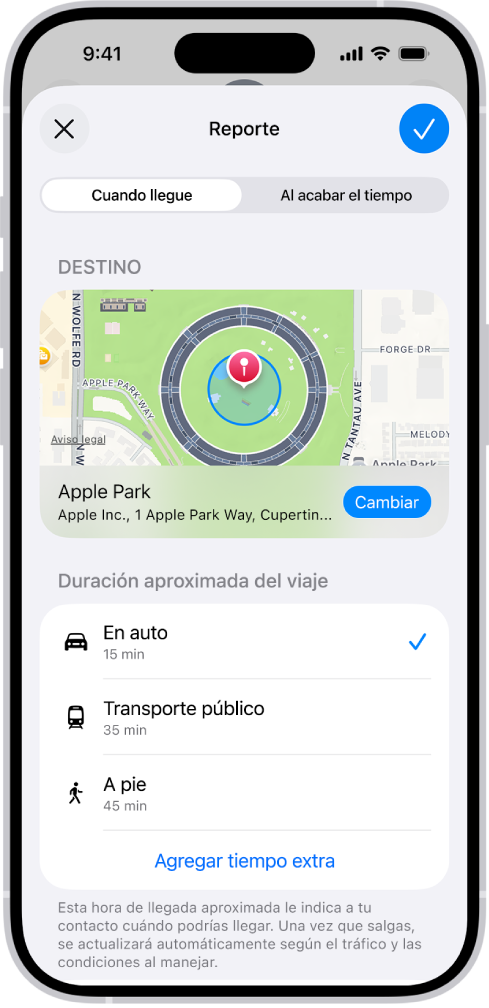 Una sesión de Reportar mostrando un mapa y las duraciones estimadas de las rutas en auto, transporte y a pie. En la parte inferioe está el botón Agregar tiempo extra.