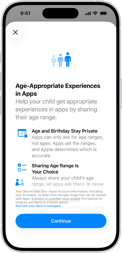 Se muestra la pantalla de incorporación “Experiencias adaptadas a la edad en las apps”.