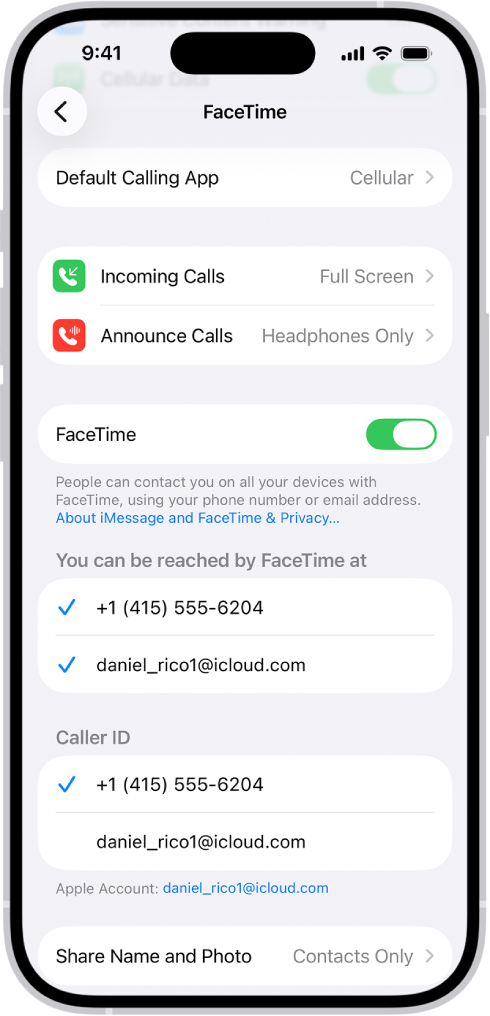 FaceTime’i kuva Settings, kus on valik Default Calling App, lüliti FaceTime’i sisse või välja lülitamiseks ning teiga ühenduse võtmise telefoninumber ja e-posti aadress.