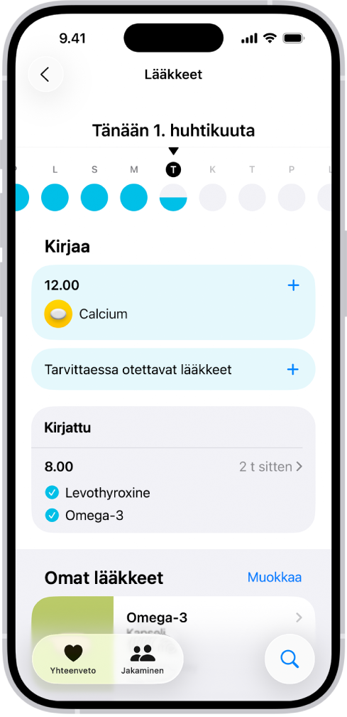 Terveys-apin Lääkkeet-näyttö, jossa näkyvät lääkkeiden päivämäärät ja kirjaukset.