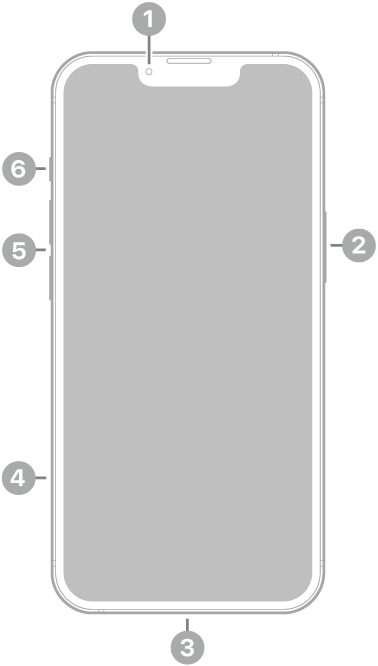 La vue de face de l’iPhone 13. La caméra avant se trouve en haut au centre. Le bouton latéral est situé sur le côté droit. Le connecteur Lightning se trouve en bas. Sur le côté gauche, de bas en haut, se trouvent le support pour carte SIM, les boutons de volume et le bouton Sonnerie/Silence.