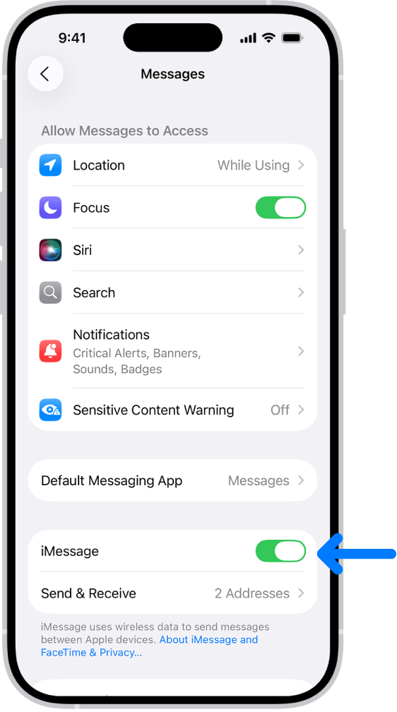 ચાલુ કરેલ iMessage સાથેની મેસેજ સેટિંગ્સ પૅન.