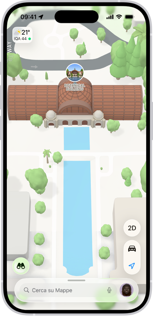 Una mappa 3D nell’app Mappe con un ponte e un parco.
