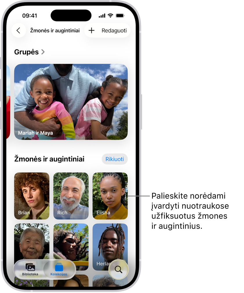 „Žmonės ir augintiniai“ kolekcija programoje „Nuotraukos. Grupės atsiranda viršuje, o nuotraukos, priskirtos kolekcijai „Žmonės ir augintiniai“ pateiktos žemiau.