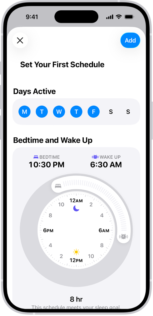’आरोग्य’ मध्ये ‘तुमचे पहिले शेड्यूल सेट करा’, ज्यामध्ये ’सक्रिय असलेले दिवस’ विभाग आणि ’झोपण्याची वेळ’ आणि ’उठणे’ घड्याळ आहे.