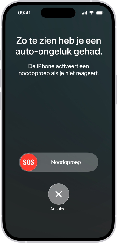 Het scherm voor ongelukdetectie, met een melding dat je een ongeluk hebt gehad. Daaronder staat de schuifknop 'SOS Noodoproep' met een knop 'Annuleer'.