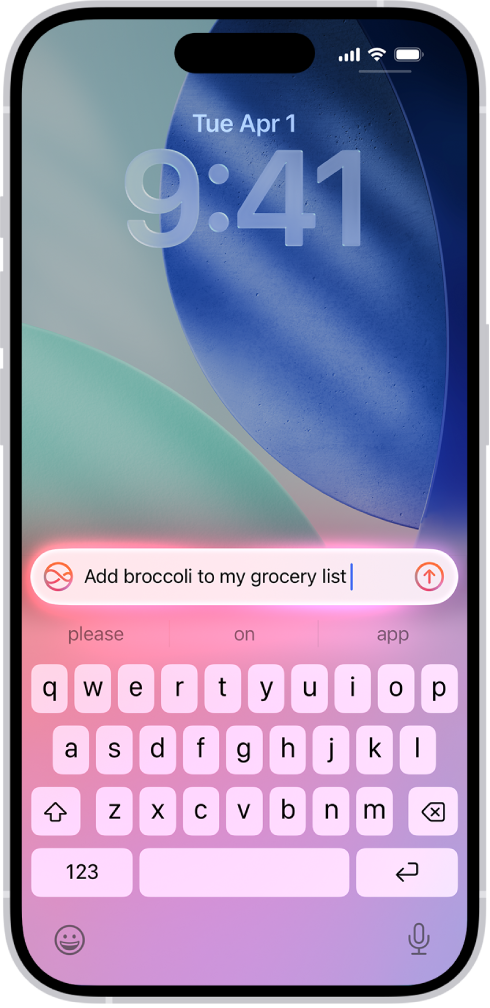iPhone ਦੀ ਲੌਕ ਸਕਰੀਨ ’ਤੇ ਕੀਬੋਰਡ ਦਿਖਾਈ ਦੇ ਰਿਹਾ ਹੈ। Siri ਬੇਨਤੀ ਕੀਬੋਰਡ ਦੇ ਸਿਖਰ ’ਤੇ ਦਿਖਾਈ ਦਿੰਦੀ ਹੈ।