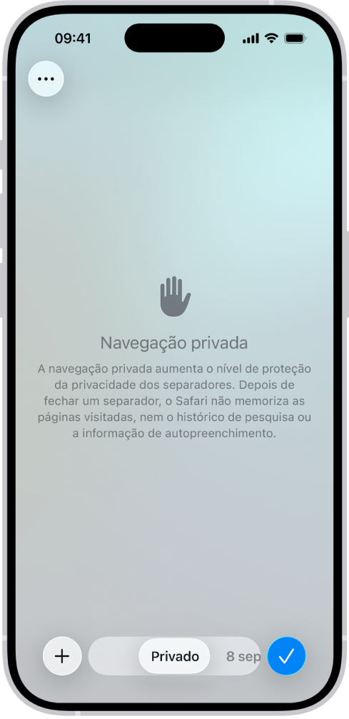 Um ecrã de navegação privada na aplicação Safari. A palavra “Privado” surge no campo na parte inferior do ecrã.