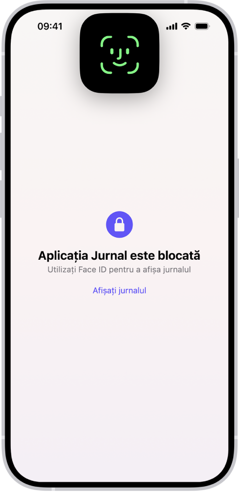 Un ecran din aplicația Jurnal care vă solicită să utilizați Face ID pentru a vă debloca jurnalul.