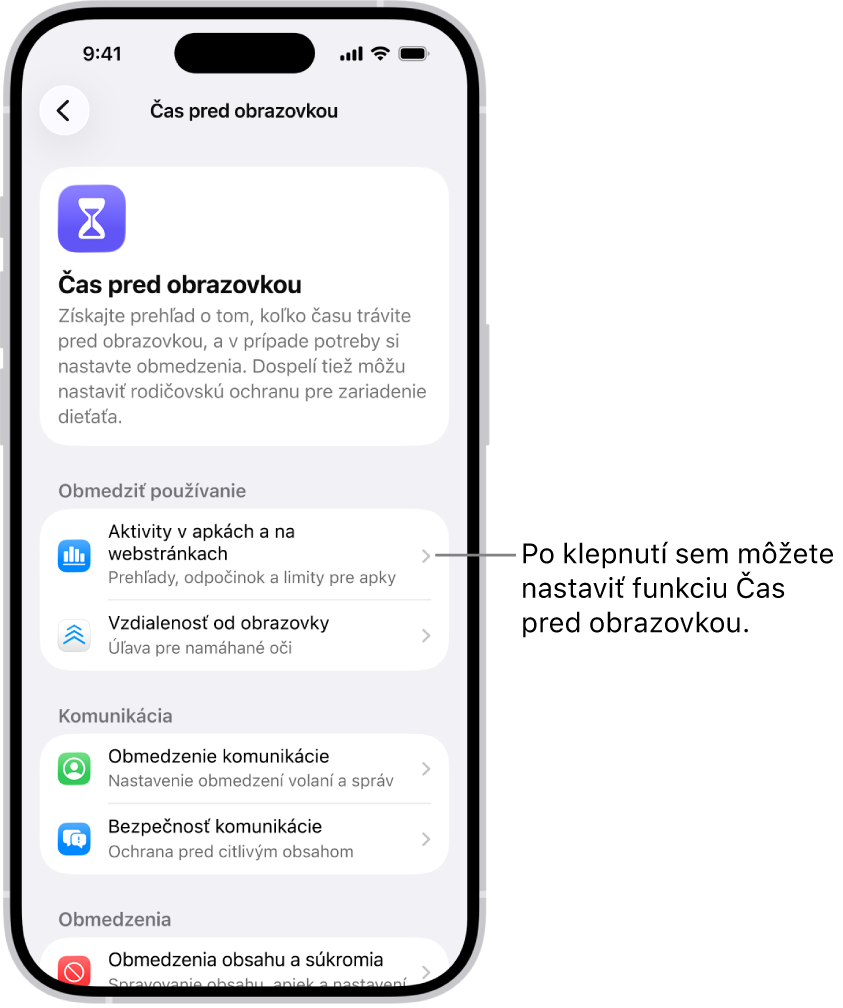 Obrazovka nastavenia funkcie Čas pred obrazovkou, na ktorej je uvedené, že máte začať klepnutím na Aktivity v apkách a na webstránkach.