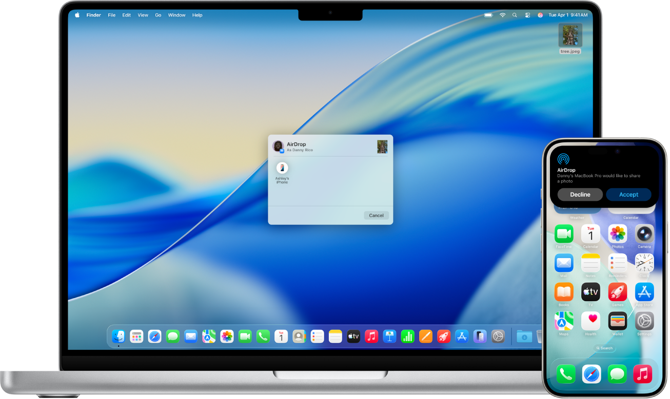 Mac je poleg iPhona. Pogovorno okno AirDrop je odprto na namizju Maca, pripravljeno za deljenje dokumenta z iPhonom. Zaslon iPhona vsebuje obvestilo o prejemu dokumenta.